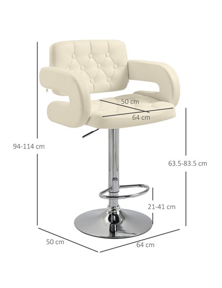 HOMCOM Upholstered Swivel Bar Stool, Set of 2 Height Adjustable Barstool with Back, Armrest, Footrest for Kitchen, White - pic 199719 | FastDaddyshop