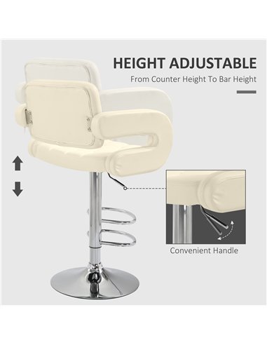 HOMCOM Upholstered Swivel Bar Stool, Set of 2 Height Adjustable Barstool with Back, Armrest, Footrest for Kitchen, White