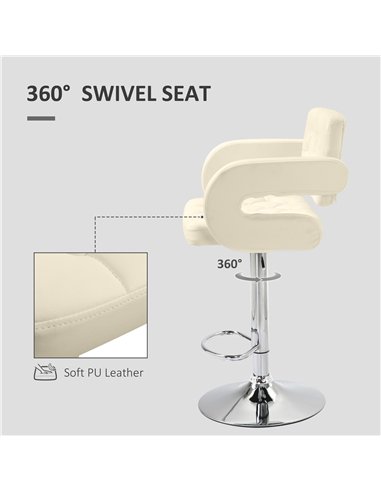HOMCOM Upholstered Swivel Bar Stool, Set of 2 Height Adjustable Barstool with Back, Armrest, Footrest for Kitchen, White