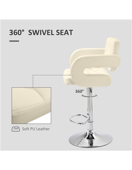 HOMCOM Upholstered Swivel Bar Stool, Set of 2 Height Adjustable Barstool with Back, Armrest, Footrest for Kitchen, White - pic 199721 | FastDaddyshop
