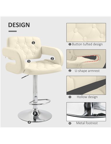 HOMCOM Upholstered Swivel Bar Stool, Set of 2 Height Adjustable Barstool with Back, Armrest, Footrest for Kitchen, White
