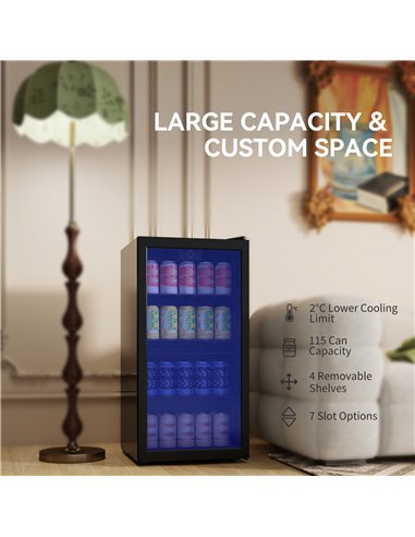 HOMCOM 93L Drinks Fridge, 115 Can Freestanding Beer Fridge with Glass Door, Adjustable Shelves, LED Light, for Beer Soda, Black