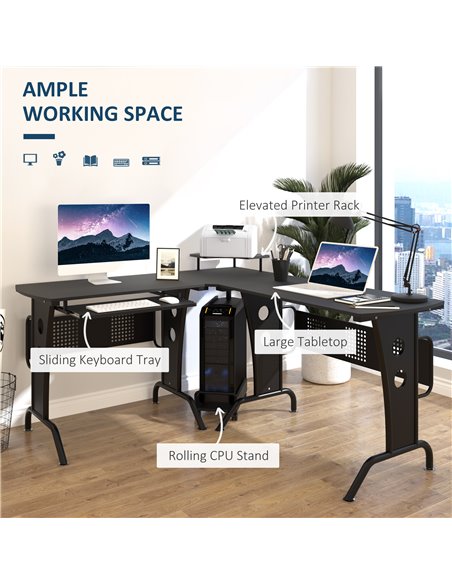 HOMCOM L-Shaped Corner Work Gaming Desk wiht CPU Rack, Keyboard Tray, Black - pic 19973 | FastDaddyshop
