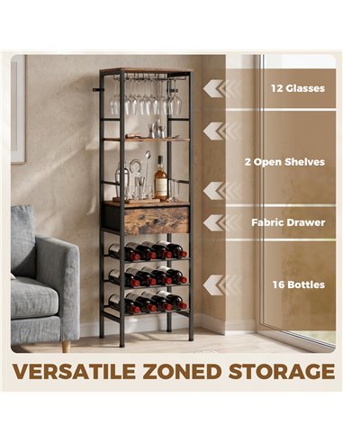HOMCOM Industrial Wine Bar Cabinet Freestanding Liquor Cabinet 16-Bottle Wine Rack Glass Holder Rustic Brown