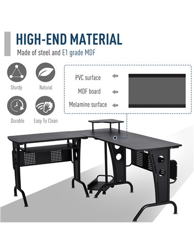 HOMCOM L-Shaped Corner Work Gaming Desk wiht CPU Rack, Keyboard Tray, Black