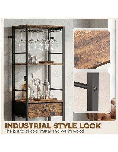 HOMCOM Industrial Wine Bar Cabinet Freestanding Liquor Cabinet 16-Bottle Wine Rack Glass Holder Rustic Brown