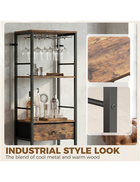 HOMCOM Industrial Wine Bar Cabinet Freestanding Liquor Cabinet 16-Bottle Wine Rack Glass Holder Rustic Brown - pic 199740 | FastDaddyshop