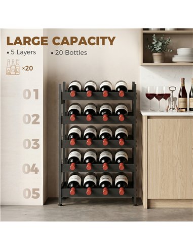 HOMCOM Wine Rack Freestanding Industrial Liquor Cabinet 5-Tier 20 Bottles Bar Stand with Adjustable Feet, Black