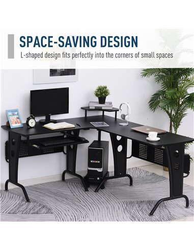 HOMCOM L-Shaped Corner Work Gaming Desk wiht CPU Rack, Keyboard Tray, Black