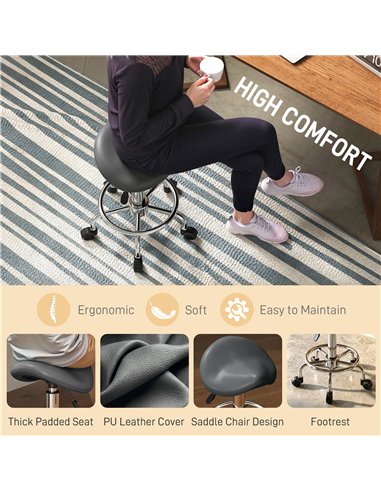 HOMCOM Salon Saddle Stool, Rolling Saddle Chair for Massage, Spa, Clinic, Beauty, Hairdressing and Tattoo, Grey