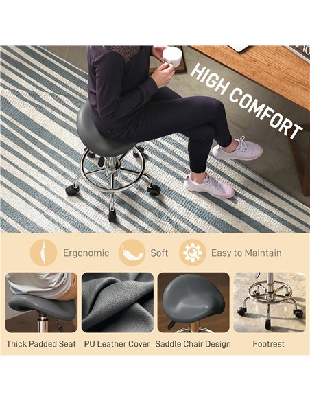 HOMCOM Salon Saddle Stool, Rolling Saddle Chair for Massage, Spa, Clinic, Beauty, Hairdressing and Tattoo, Grey - pic 199766 | FastDaddyshop