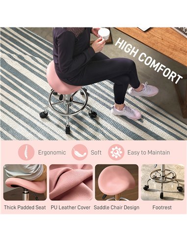 HOMCOM Salon Saddle Stool, Rolling Saddle Chair for Massage, Spa, Clinic, Beauty, Hairdressing and Tattoo, Pink