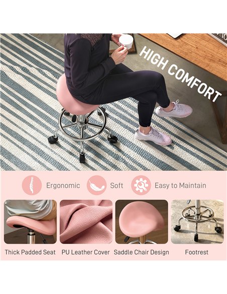 HOMCOM Salon Saddle Stool, Rolling Saddle Chair for Massage, Spa, Clinic, Beauty, Hairdressing and Tattoo, Pink - pic 199784 | FastDaddyshop