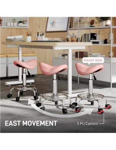 HOMCOM Salon Saddle Stool, Rolling Saddle Chair for Massage, Spa, Clinic, Beauty, Hairdressing and Tattoo, Pink