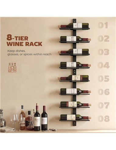 HOMCOM Wall Mounted Wine Rack, 8 Tier Metal Wine Display Rack, Storage Holder for Kitchen, Black