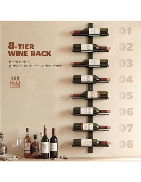 HOMCOM Wall Mounted Wine Rack, 8 Tier Metal Wine Display Rack, Storage Holder for Kitchen, Black - pic 199801 | FastDaddyshop