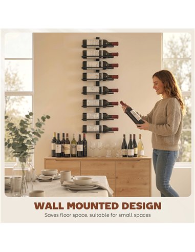 HOMCOM Wall Mounted Wine Rack, 8 Tier Metal Wine Display Rack, Storage Holder for Kitchen, Black