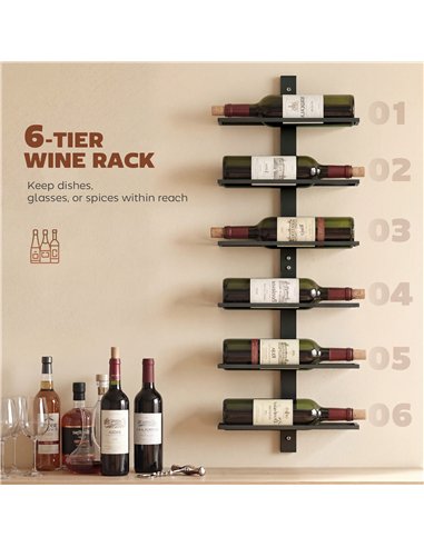 HOMCOM Wall Mounted Wine Rack, 6 Tier Metal Wine Display Rack, Storage Holder for Kitchen, Black