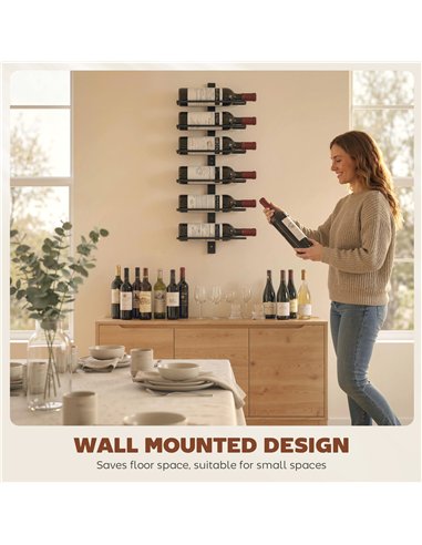 HOMCOM Wall Mounted Wine Rack, 6 Tier Metal Wine Display Rack, Storage Holder for Kitchen, Black