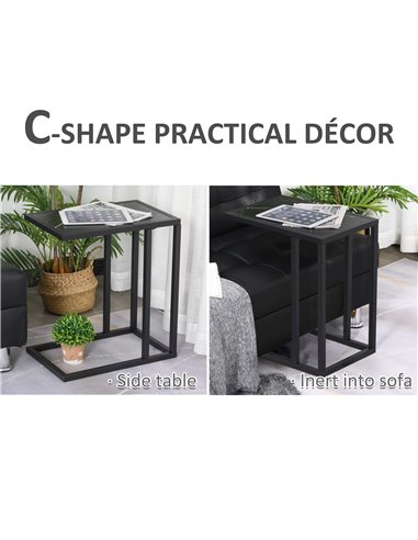 HOMCOM C Shape Side Table Marble-Effect Top with Metal Frame, Black