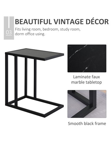HOMCOM C Shape Side Table Marble-Effect Top with Metal Frame, Black