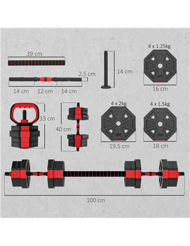 SPORTNOW 6-in-1 Adjustable Weight Dumbbells Set, Used as Kettlebell, Barbell, Dumbbell, Push-Up Stand, 20kg Free Weights Set for