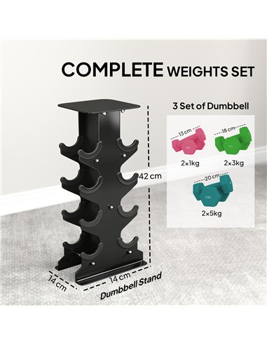 SPORTNOW Hex Dumbbells Set with Dumbbell Rack, Non Slip Hand Weights for Home Gym Strength Training, 2 x 1kg, 2 x 3kg, 2 x 5kg