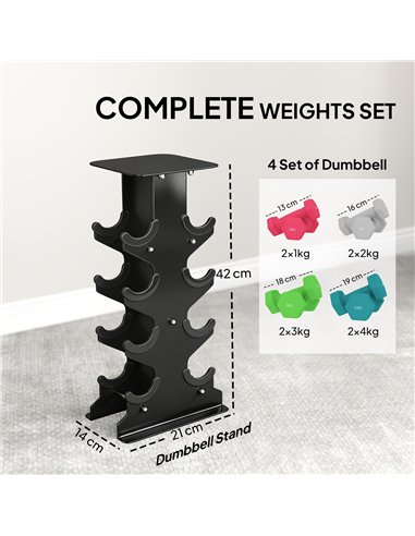 SPORTNOW Hex Dumbbells Set with Dumbbell Rack, Hand Weights for Home Gym Strength Training, 2 x 1kg, 2 x 2kg, 2 x 3kg, 2 x 4kg