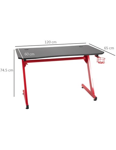HOMCOM Gaming Desk with Cup Headphone Holder Adjustable Feet Cable Organiser, Red