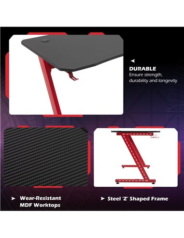 HOMCOM Gaming Desk Steel Frame w/ Cup Headphone Holder Adjustable Feet Cable Organiser Home Office Computer Table Red