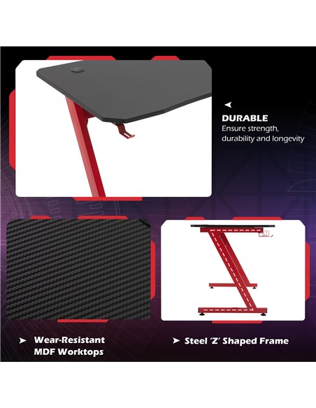 HOMCOM Gaming Desk Steel Frame w/ Cup Headphone Holder Adjustable Feet Cable Organiser Home Office Computer Table Red - pic 20019 | FastDaddyshop
