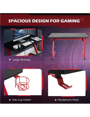 HOMCOM Gaming Desk Steel Frame w/ Cup Headphone Holder Adjustable Feet Cable Organiser Home Office Computer Table Red