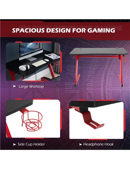 HOMCOM Gaming Desk Steel Frame w/ Cup Headphone Holder Adjustable Feet Cable Organiser Home Office Computer Table Red - pic 20020 | FastDaddyshop