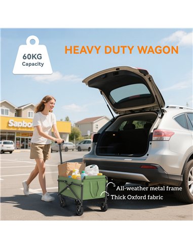 Outsunny 62L Festival Trolley on Wheels, Portable Small Folding Trolley Cart, 60kg Heavy Duty Collapsible Foldable Wagon with Ad