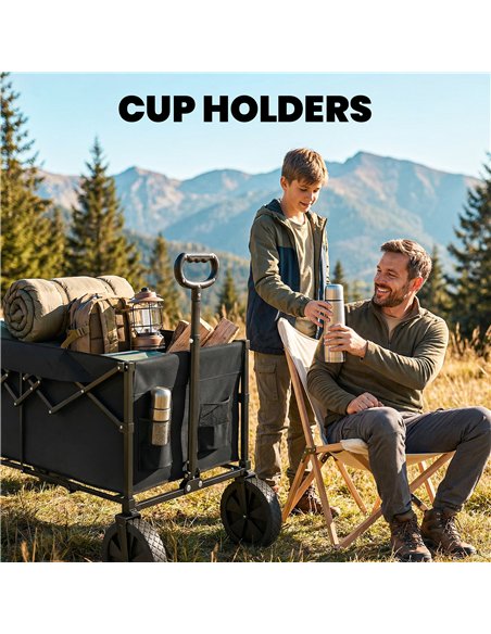Outsunny 95L Foldable Festival Trolley on Wheels, Collapsible Wagon Cart with Adjustable Handle and 2 Cup Holders, Black - pic 200264 | FastDaddyshop