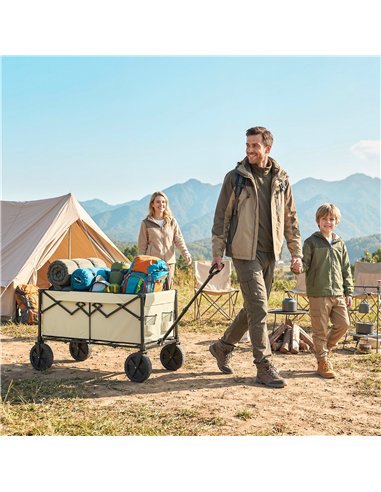 Outsunny 95L Foldable Festival Trolley on Wheels, Collapsible Wagon Cart with Adjustable Handle and 2 Cup Holders, Khaki