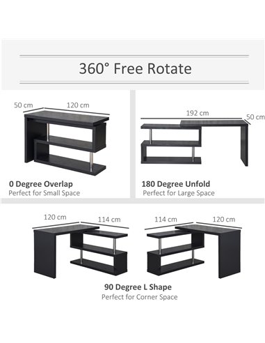 HOMCOM 360° Rotating L-Shaped Corner Computer Desk with Storage Shelf, Black