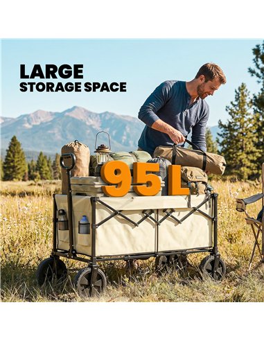 Outsunny 95L Foldable Festival Trolley on Wheels, Collapsible Wagon Cart with Adjustable Handle and 2 Cup Holders, Khaki