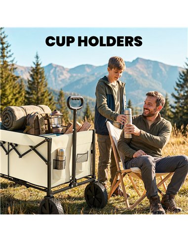 Outsunny 95L Foldable Festival Trolley on Wheels, Collapsible Wagon Cart with Adjustable Handle and 2 Cup Holders, Khaki