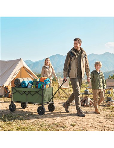 Outsunny 95L Foldable Festival Trolley on Wheels, Collapsible Wagon Cart with Adjustable Handle and 2 Cup Holders, Dark Green