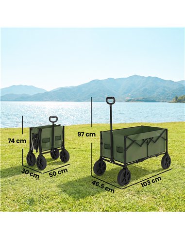 Outsunny 95L Foldable Festival Trolley on Wheels, Collapsible Wagon Cart with Adjustable Handle and 2 Cup Holders, Dark Green