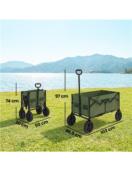 Outsunny 95L Foldable Festival Trolley on Wheels, Collapsible Wagon Cart with Adjustable Handle and 2 Cup Holders, Dark Green - pic 200278 | FastDaddyshop