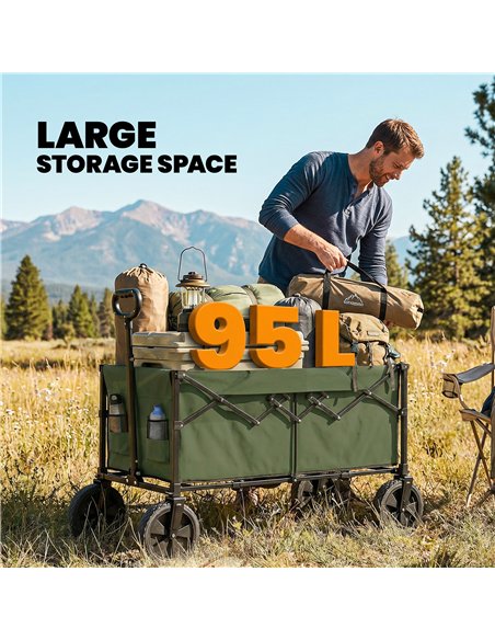 Outsunny 95L Foldable Festival Trolley on Wheels, Collapsible Wagon Cart with Adjustable Handle and 2 Cup Holders, Dark Green - pic 200279 | FastDaddyshop