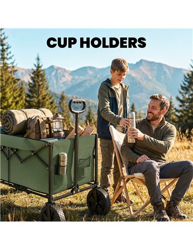 Outsunny 95L Foldable Festival Trolley on Wheels, Collapsible Wagon Cart with Adjustable Handle and 2 Cup Holders, Dark Green