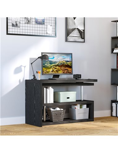 HOMCOM 360° Rotating L-Shaped Corner Computer Desk Home Office Writing Table Swivel Workstation with Storage Shelf, Black