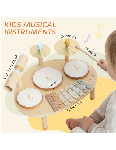 AIYAPLAY Baby Drum Kit, Wooden Kids Musical Instruments with Drums and Xylophone, Gifts for Girls Boys Birthday, Natural