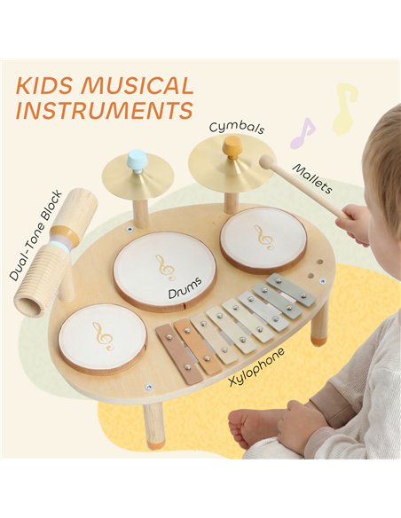 AIYAPLAY Baby Drum Kit, Wooden Kids Musical Instruments with Drums and Xylophone, Gifts for Girls Boys Birthday, Natural - pic 200352 | FastDaddyshop