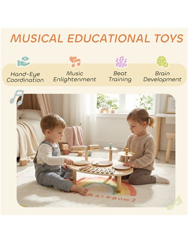 AIYAPLAY Baby Drum Kit, Wooden Kids Musical Instruments with Drums and Xylophone, Gifts for Girls Boys Birthday, Natural