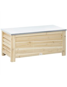 Outsunny 155L Outdoor Storage Box with Metal Top and Shutter Walls, Wooden Outside Tool organiser Container, for Garden, terrace