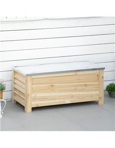 Outsunny 155L Outdoor Storage Box with Metal Top and Shutter Walls, Wooden Outside Tool organiser Container, for Garden, terrace